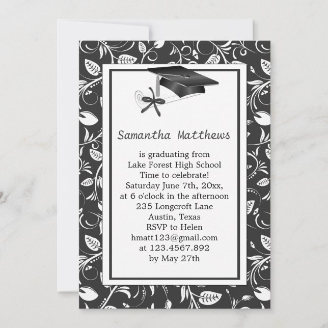 Damask, mortar, diploma Graduation Invitation (Front)