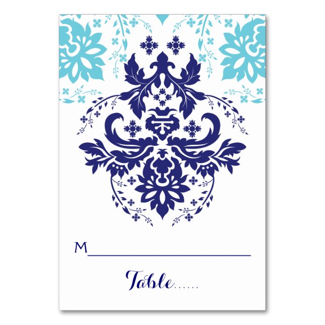 Damask navy blue, aqua wedding escort place card (Front)