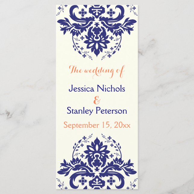 Damask navy blue, coral ivory wedding program programme (Front)