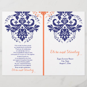 Damask navy blue, coral wedding program
