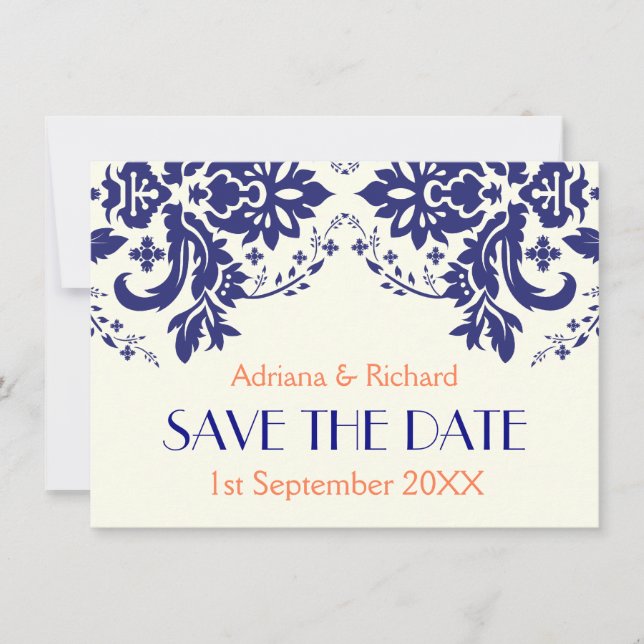 Damask navy blue, coral wedding Save the Date Invitation (Front)