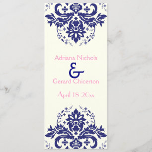 Damask navy blue, pink wedding ceremony program programme