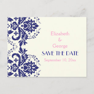 Damask navy blue, pink wedding Save the Date Announcement Postcard