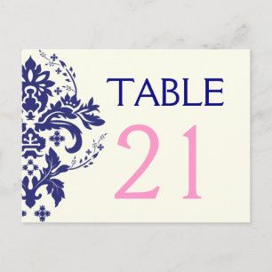 Damask navy blue, pink wedding table number postcard