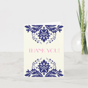 Damask navy blue, pink wedding Thank You Card