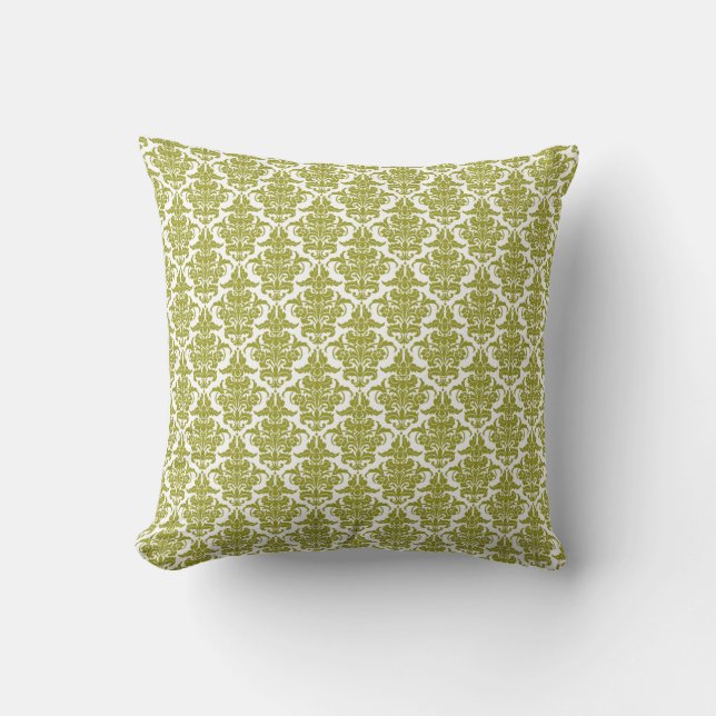 Damask - Olive Green on White Cushion (Front)