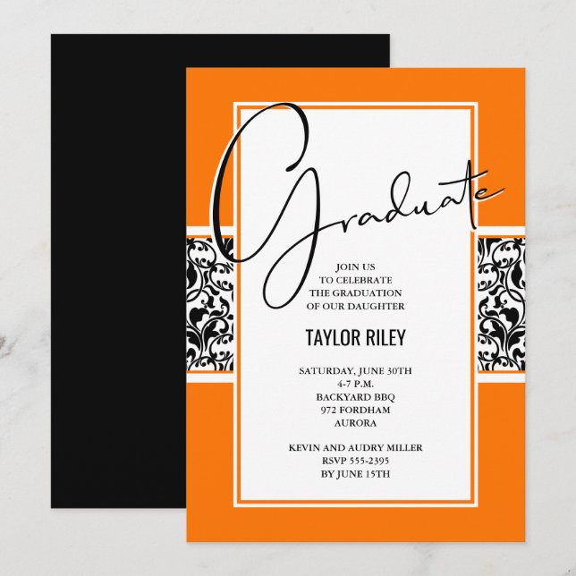 Damask Orange Black Graduation Party Invitation (Front/Back)