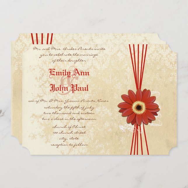Damask Orange Gerber Daisy Wedding Invitation (Front/Back)