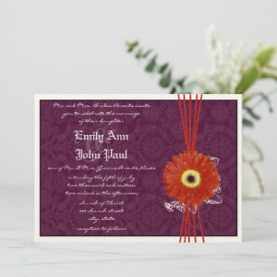 Damask Orange Purple Gerber Daisy Wedding Invite