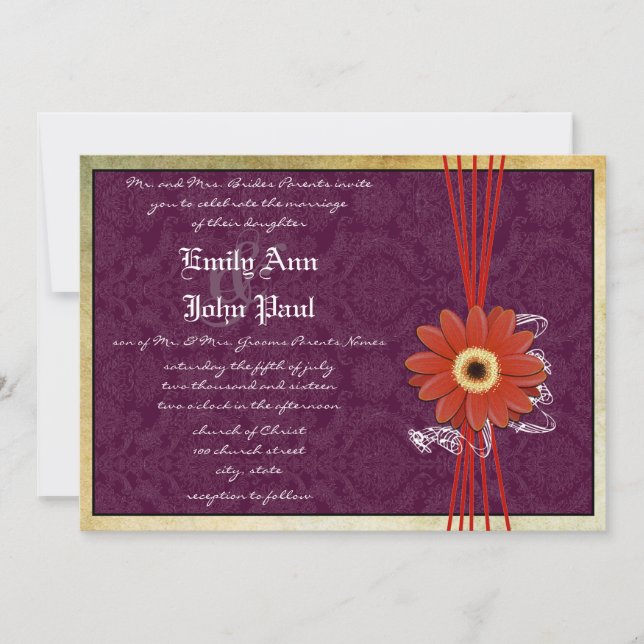 Damask Orange Purple Gerber Daisy Wedding Invite (Front)