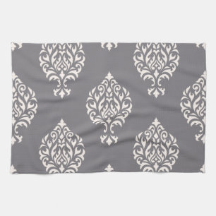 Damask Ornamental Big Pattern Cream on Grey Tea Towel
