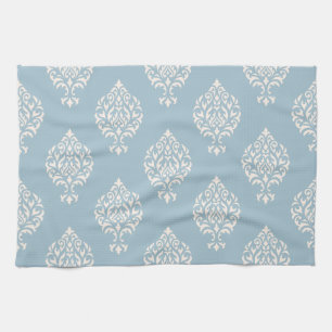 Damask Ornamental Pattern Cream on Blue Tea Towel