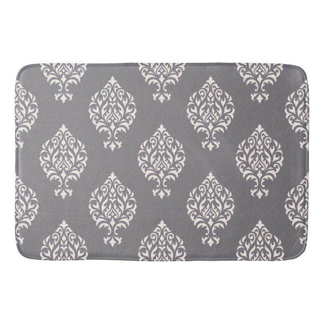 Damask Ornamental Pattern Cream on Grey Bath Mat (Front)