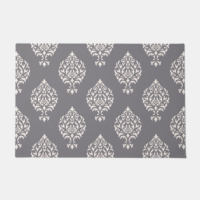 Damask Ornamental Pattern Cream on Grey Doormat (Front)