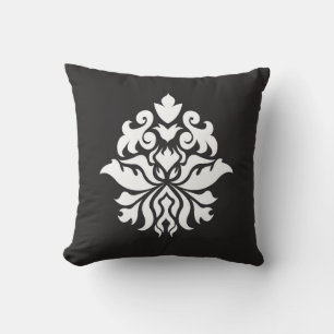 Damask Ornate Pattern - white on black Cushion