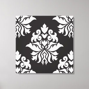Damask Ornate Repeat Pattern - white on black Canvas Print