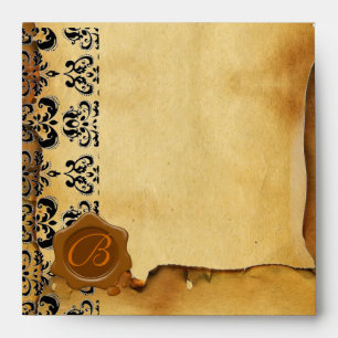 DAMASK PARCHMENT, BROWN WAX SEAL MONOGRAM ENVELOPES