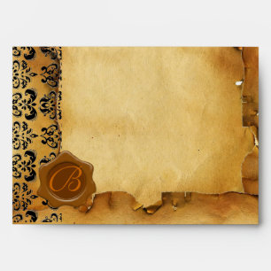 DAMASK PARCHMENT, RED WAX SEAL MONOGRAM ENVELOPES