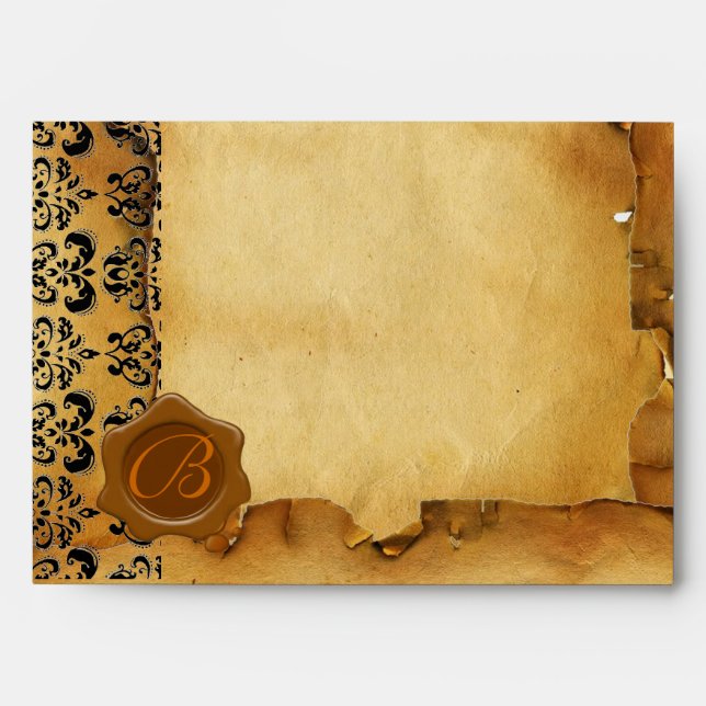 DAMASK PARCHMENT, RED WAX SEAL MONOGRAM ENVELOPES (Front)