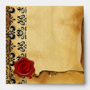 DAMASK PARCHMENT, RED WAX SEAL MONOGRAM ENVELOPES