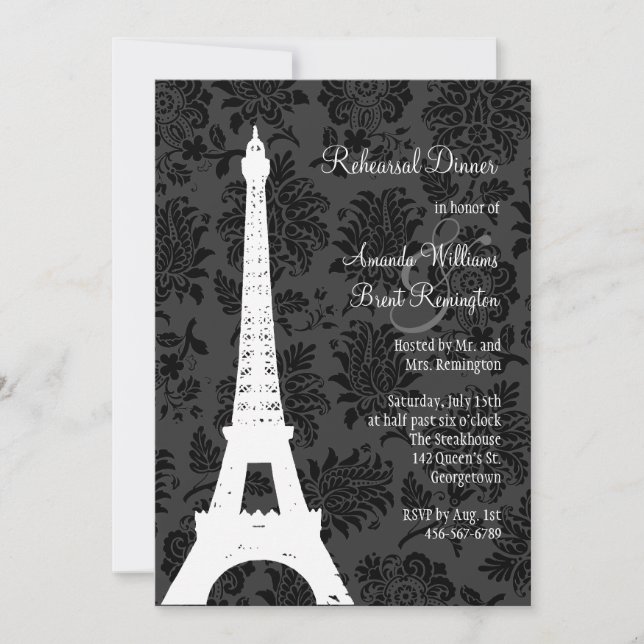 Damask Paris Rehearsal Dinner (black) Invitation (Front)