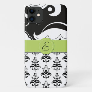 Damask Pattern, Black and White Damask, Monogram iPhone 11 Case
