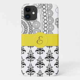 Damask Pattern, Black and White Damask, Monogram iPhone 11 Case