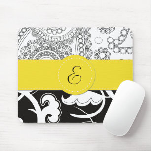 Damask Pattern, Black and White Damask, Monogram Mouse Pad