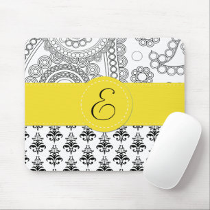 Damask Pattern, Black and White Damask, Monogram Mouse Pad