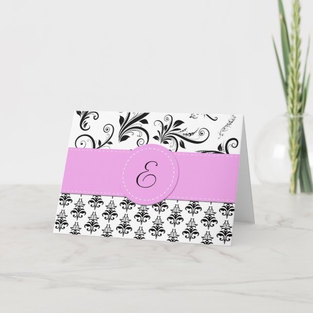 Damask Pattern, Black and White Damask, Monogram Note Card (Front)