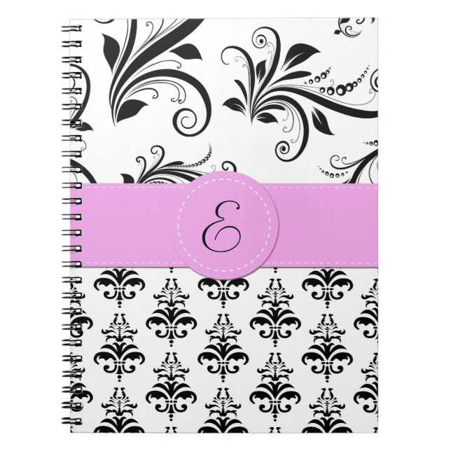 Damask Pattern, Black and White Damask, Monogram Spiral Notebook (Front)