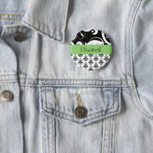 Damask Pattern, Black and White Damask, Your Name 6 Cm Round Badge
