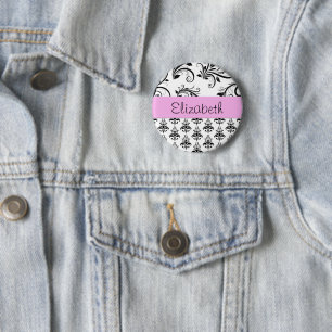 Damask Pattern, Black and White Damask, Your Name 6 Cm Round Badge