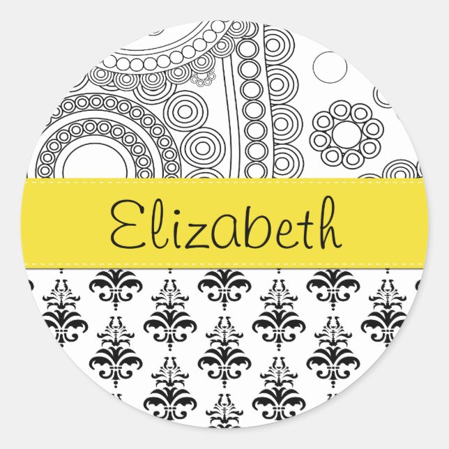Damask Pattern, Black and White Damask, Your Name Classic Round Sticker (Front)
