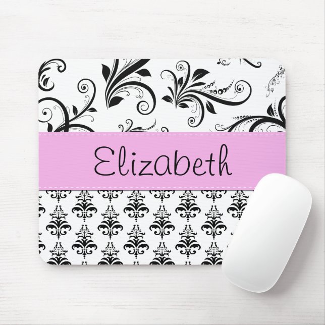Damask Pattern, Black and White Damask, Your Name Mouse Pad (With Mouse)