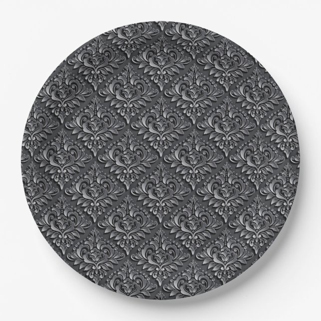 Damask Pattern Black Background-23961 Paper Plate (Front)