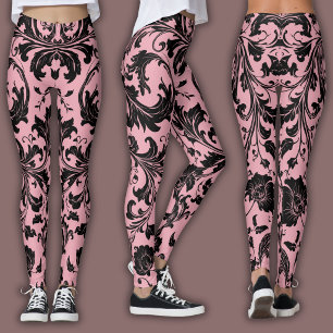 Damask Pattern   Black & Pink Blush  Leggings