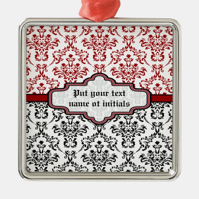 Damask pattern black red white custom ornament (Front)