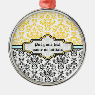 Damask pattern black white yellow aqua ornament