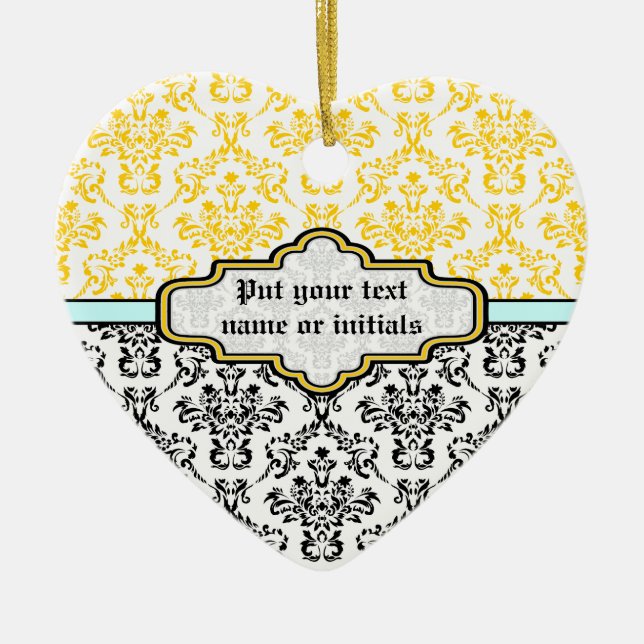 Damask pattern black white yellow aqua ornament (Front)