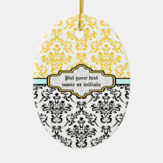 Damask pattern black white yellow aqua ornament