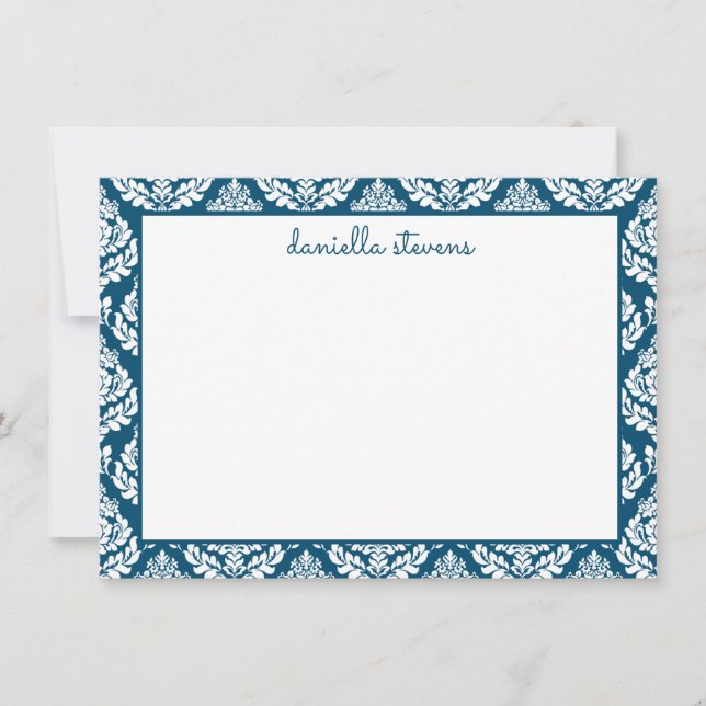 Damask Pattern Blue Personalised Flat Card (Front)