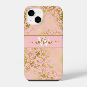 Damask Pattern Blush Pink Gold Name Monogram iPhone 14 Case