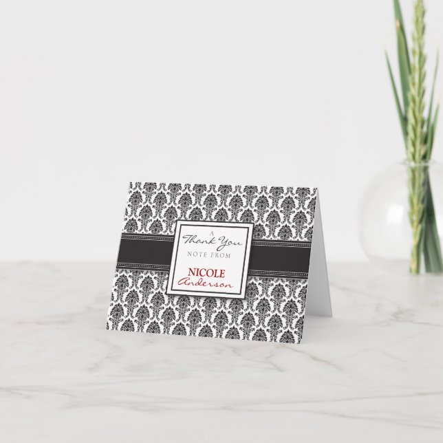 Damask Pattern Custom Thank You Card (black) (Front)