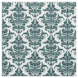 Damask Pattern - Dark Moss Green on White Fabric