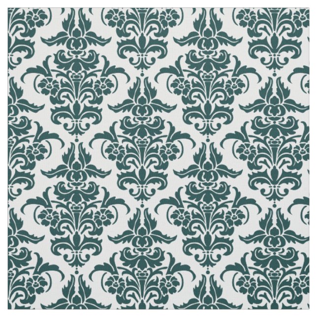 Damask Pattern - Dark Moss Green on White Fabric (Swatch)