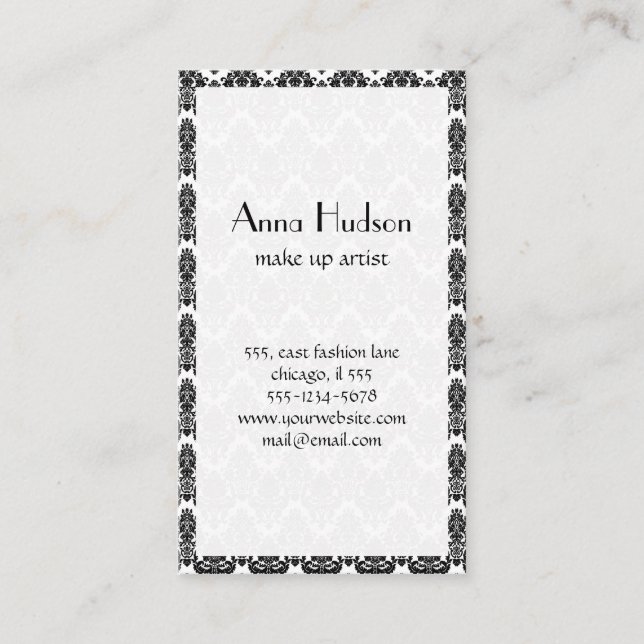 Damask Pattern, French Damask, Black and White Business Card (Front)