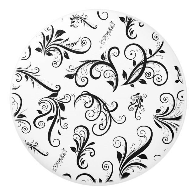 Damask Pattern, French Damask, Black and White Ceramic Knob (Front)