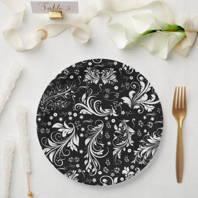 Damask Pattern, French Damask, Black and White Paper Plate (Wedding)