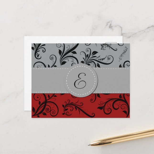 Damask Pattern, Gray Damask, Red Damask, Monogram Postcard (Front/Back In Situ)